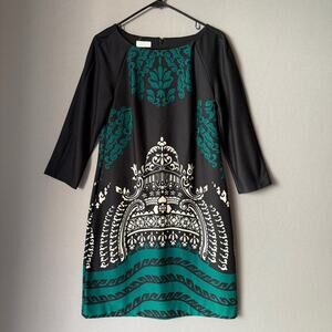 Donna Morgan sz 10 Black green boho indie print sheath dress‎ NWOT